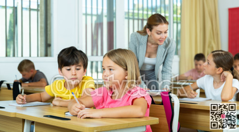 Preteen schoolchildren making notes of teacher lecture in class