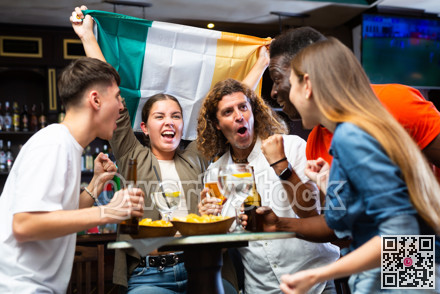 Happy international football supporters holding up the flag of Ireland and drinking beer in the pub