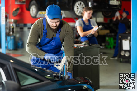 Professional mechanic man in uniform repairing car in auto repair garage