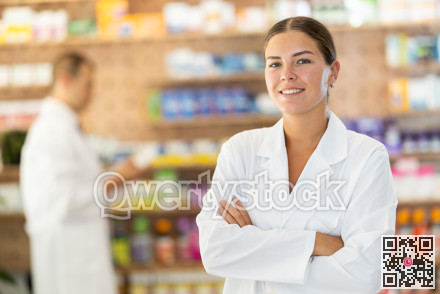 At pharmacy, girl apothecary waiting for customers, invite with gesture go to department of cosmetic