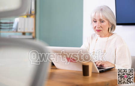 Elderly businesswoman, senior manager, work on laptop in modern company office