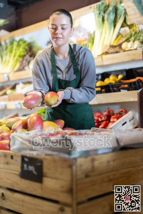 While working in supermarket, employee forms display case, puts ripe mango in pile