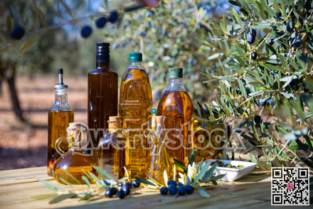 Set of bottles with olive oil on background with olive tree