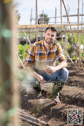 Man planting seeds on beds at farm. Working in spring garden