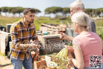 Mature couple and man argue with each other while standing near fence on small farm