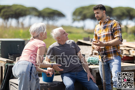 Farmers friendly talking outdoor on background with farm