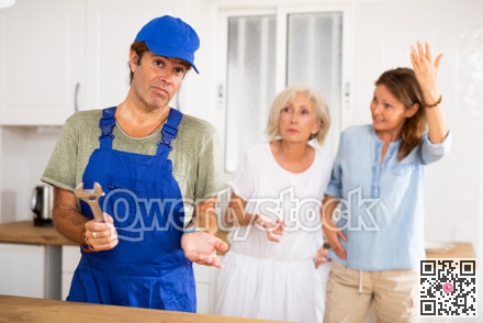 Inept plumber throws up his hands. In background, disgruntled apartment owners scold him