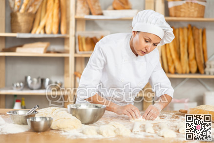 Female employee cooks croissants, rolls dough into tube, forms muffin from raw dough material