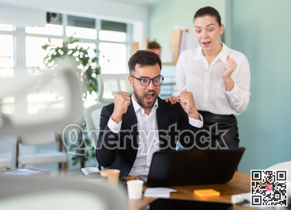 Man and girl office employees is genuinely happy and elated